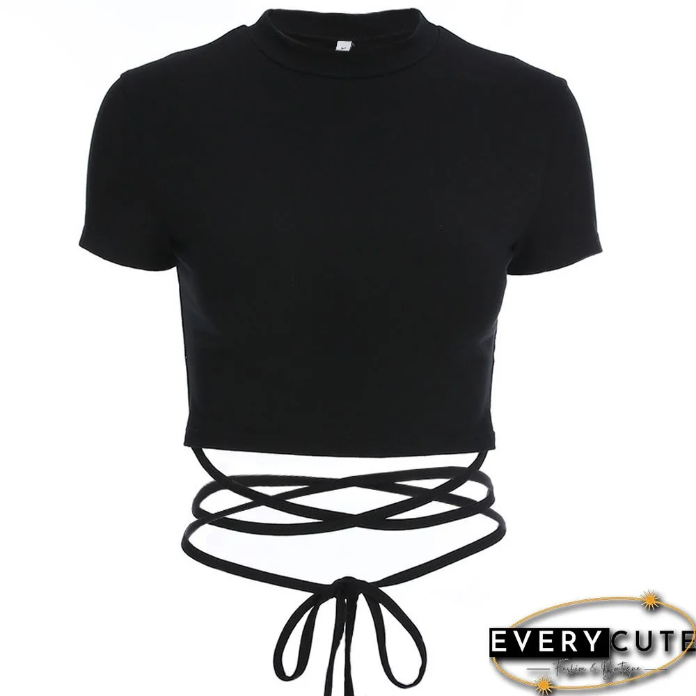 New O Neck Solid Tshirt Women Summer Cross Bandage Tee Sexy Short Sleeve Camisole Casual Tank Top Fashion Female Crop Tops Shirt