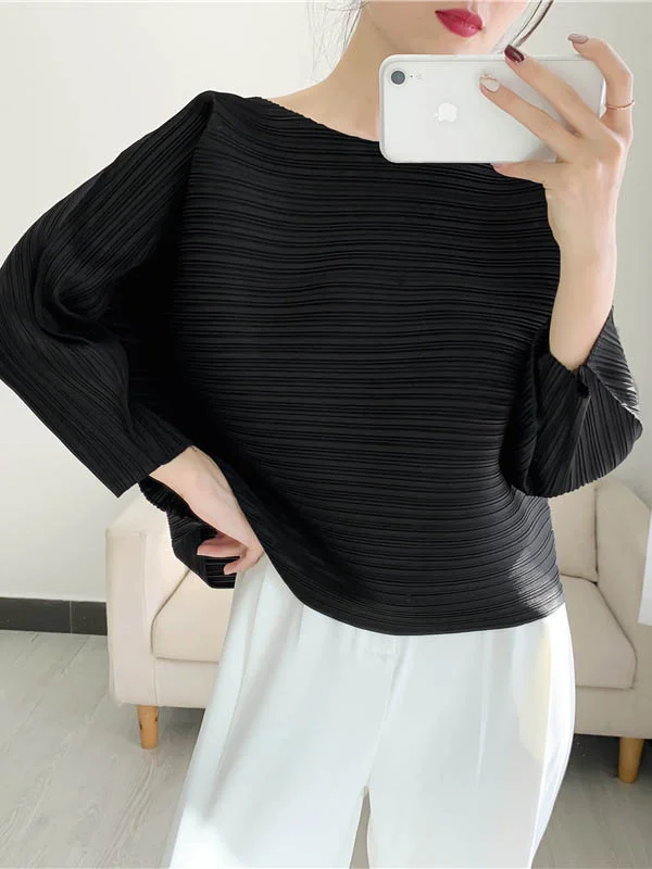 Casual Loose Three-Quarter Sleeves Pleated Solid Color Round-Neck T-Shirts Tops