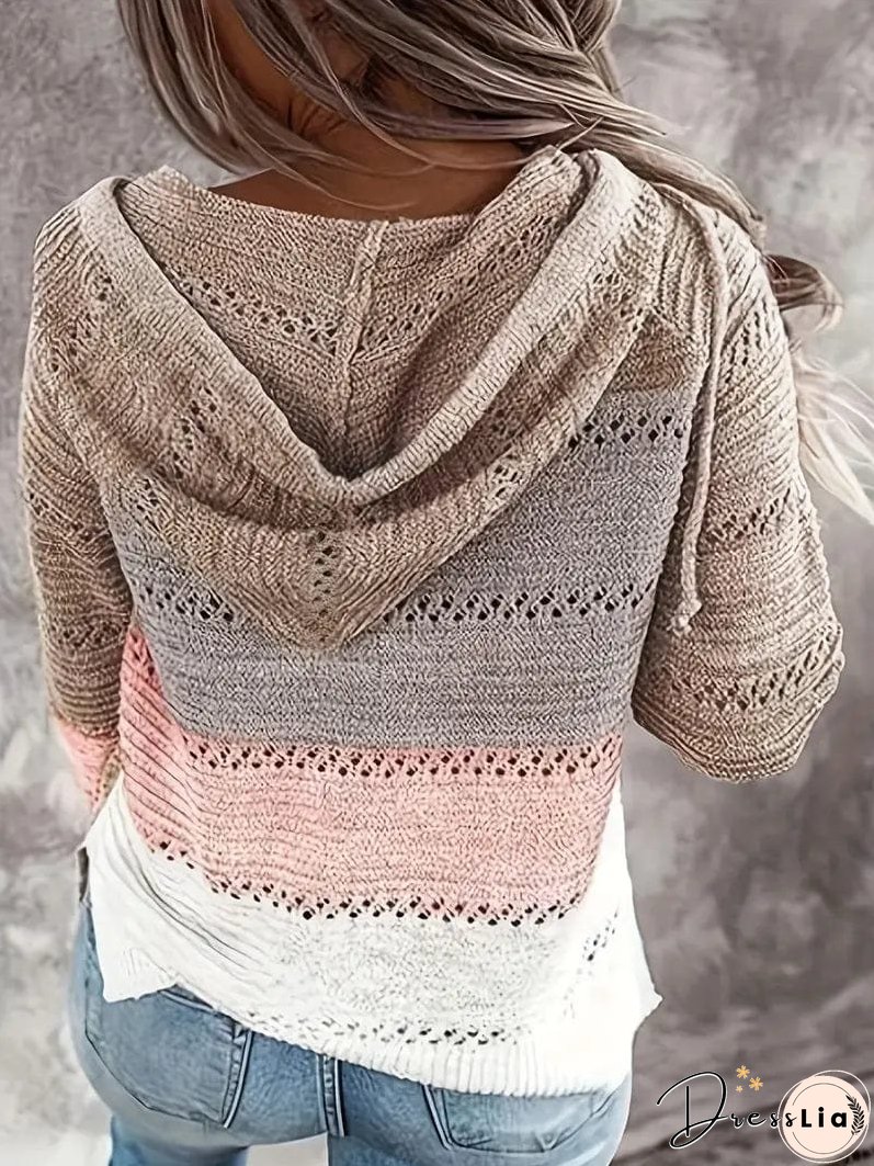Color Block Knit Hooded Pullover Sweater