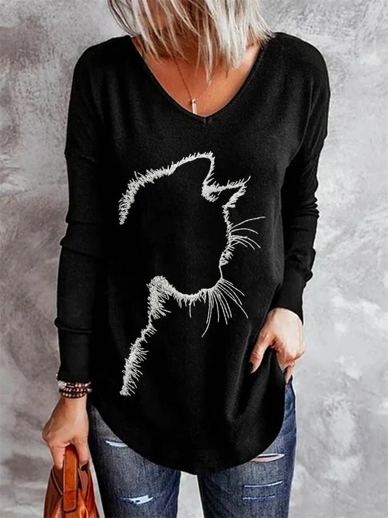 V-neck Kitten Print Bottoming Long-sleeve T-shirts