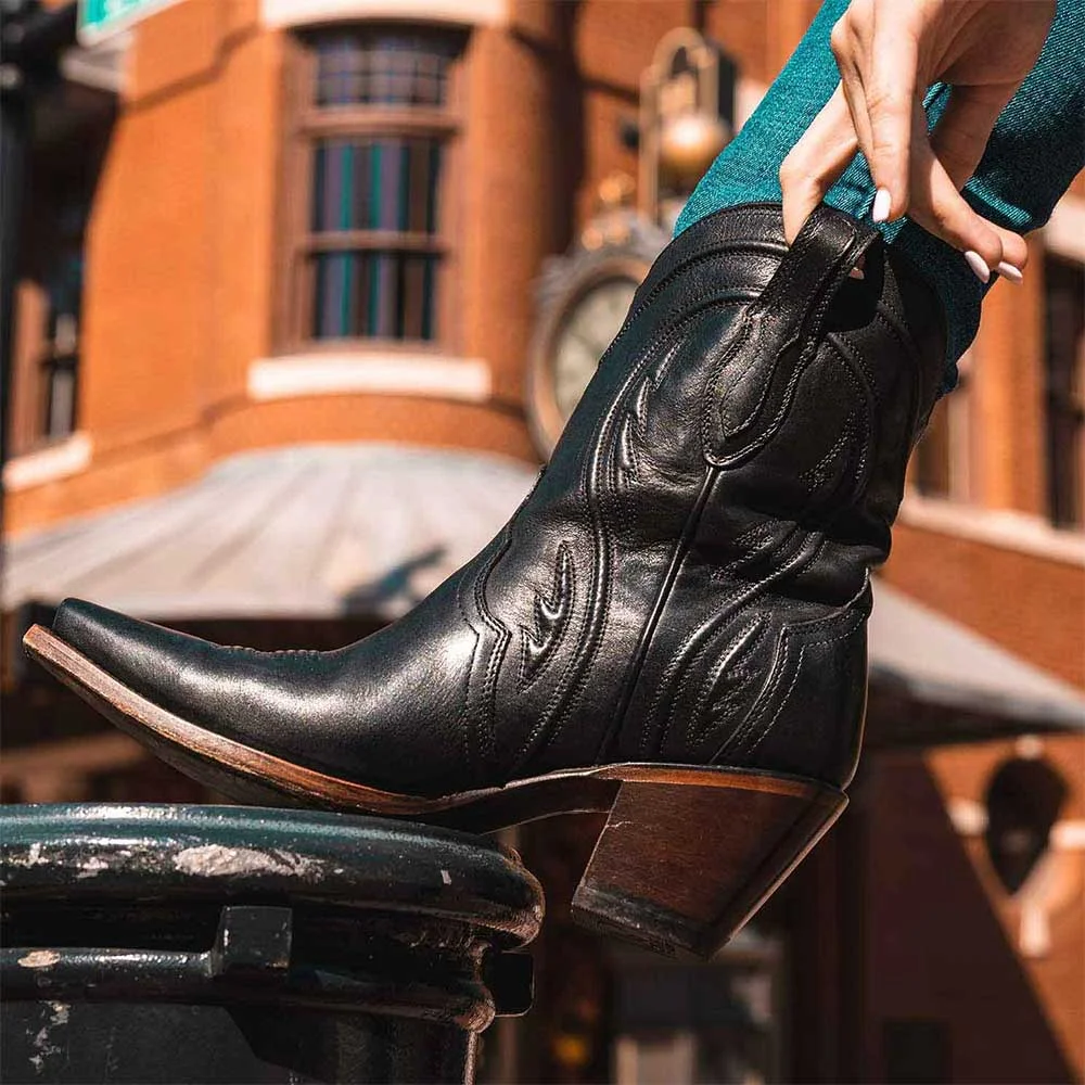 Classic Black Faux Leather Snip Toe Chunky Heel Stitch Cowgirl Boots