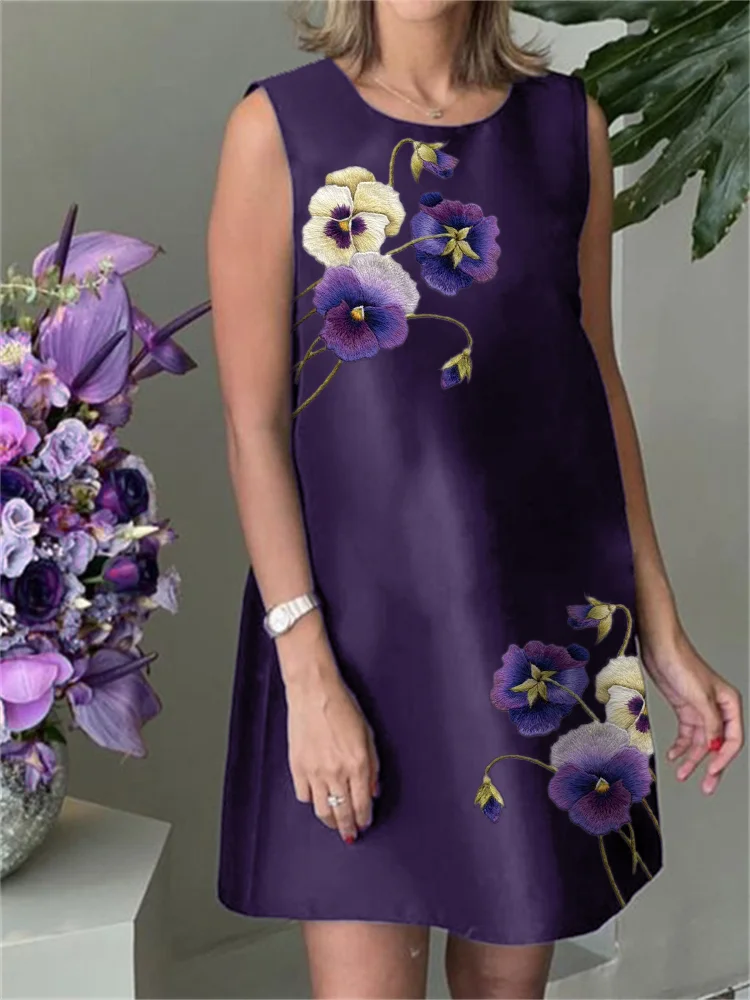 VChics Classy Pansy Flowers Embroidery Tank Dress