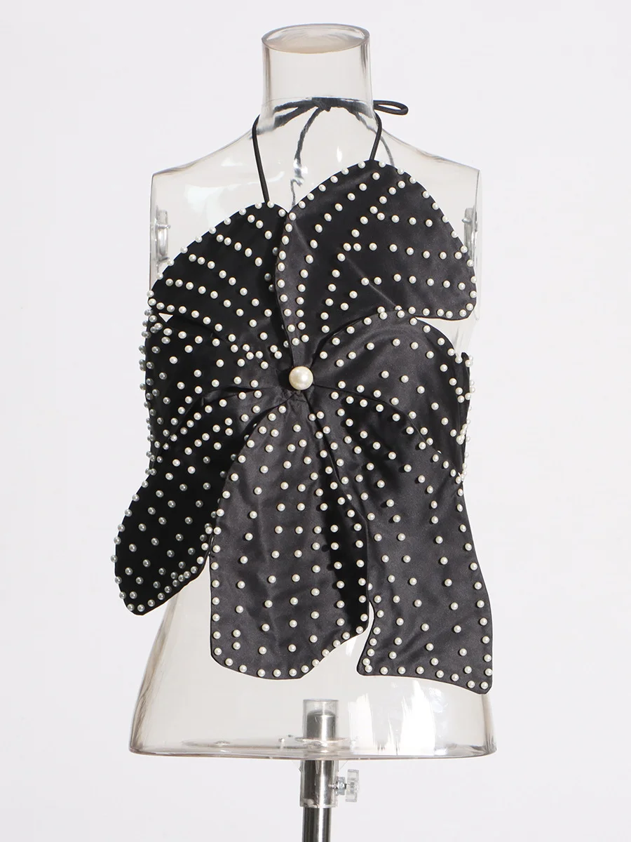 Woherb Woherb Hot Girl Designer Autumn 2024 New Hanging Neck Three-Dimensional Flower Nail Bead Pearl Wipe Chest Top-Outfit Ideas
