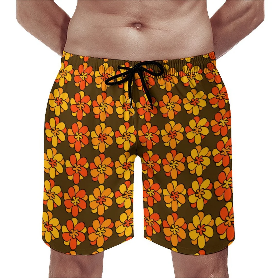 1960S 1970S Style Flower Men's Swim Trunks Summer Board Shorts Quick Dry Beach Short with Pockets