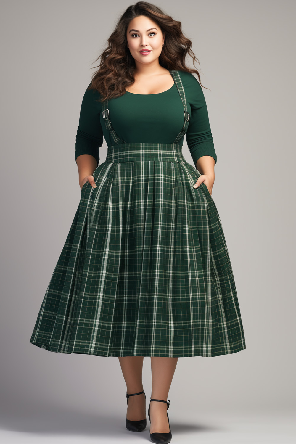 Flycurvy Plus Size Christmas Dark Green Plaid Suspender Long Sleeve Tea-Length Dress