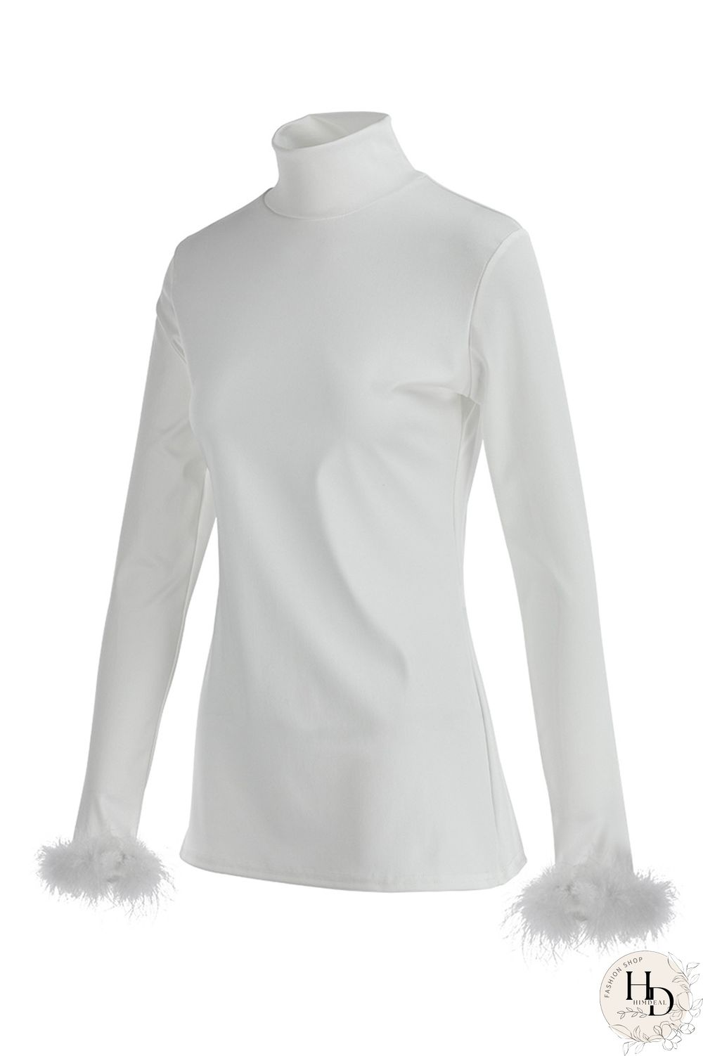 White Fashion Casual Solid Split Joint Turtleneck Tops