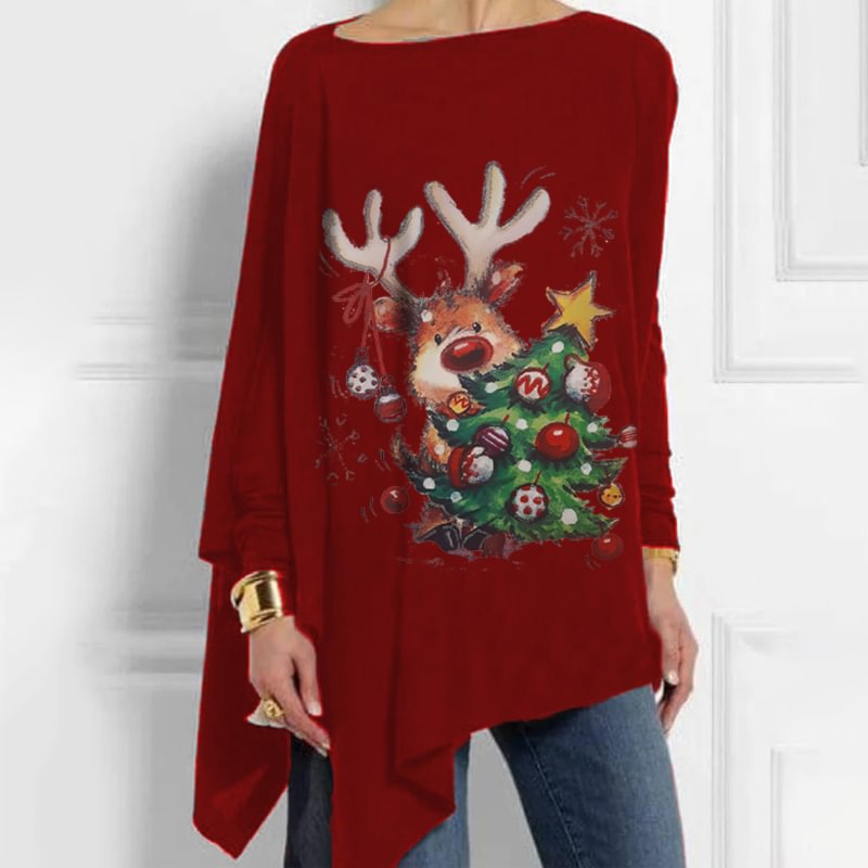 Christmas Tree And Lovely Elk Printed Irregular Hem Women's T-shirt