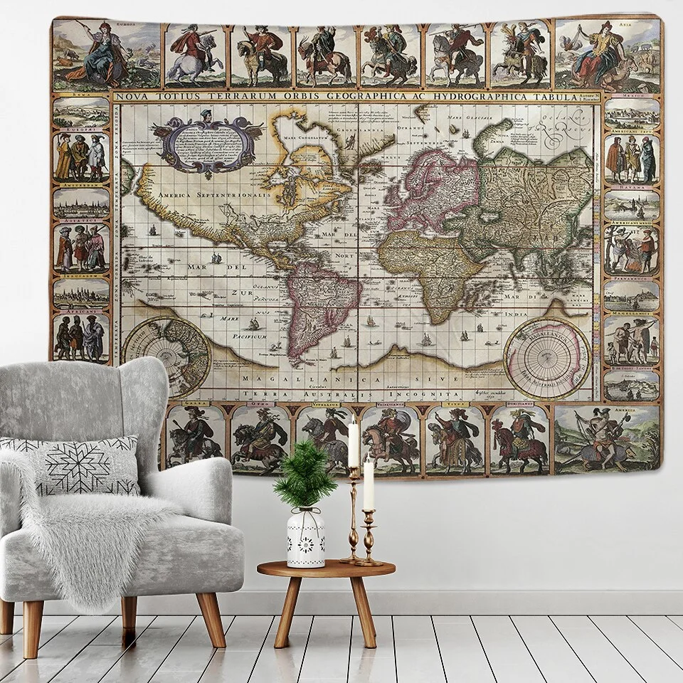 Nigikala World Map 3D Print Fabric Geometric Colorful Compass Wall Hanging Tapestry Retro Oil Painting Pirate Treasure Map