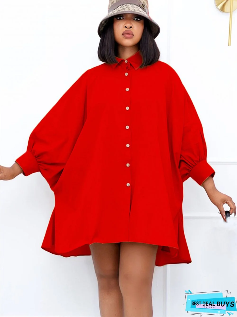 Loose Touch Lapel Solid Color Shirt Dress