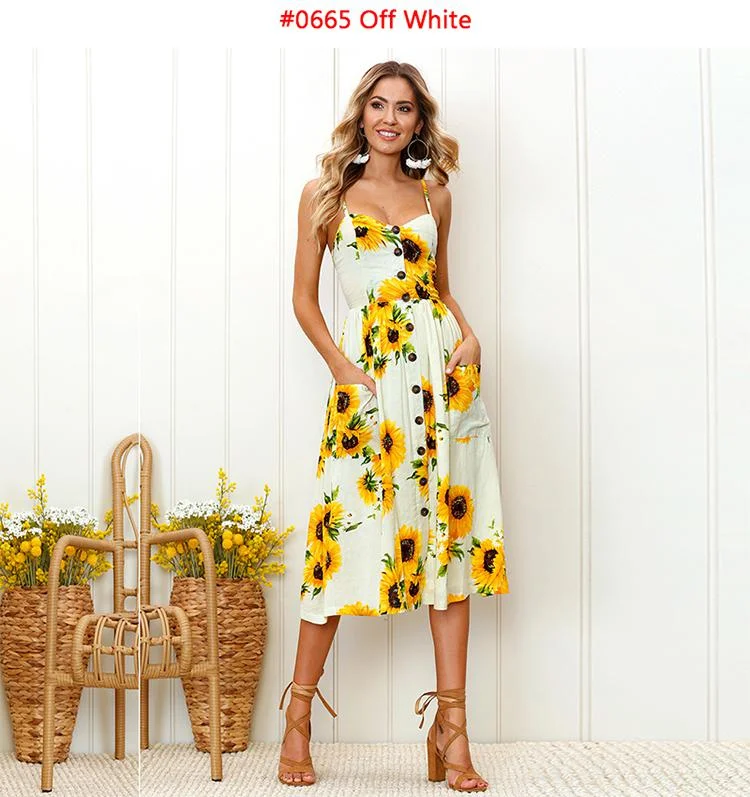 Summer Boho Printed Beach Dress Women Spaghetti Straps Backless Sexy Dresses Female Casual Button Pocket Sleeveless Midi Dress