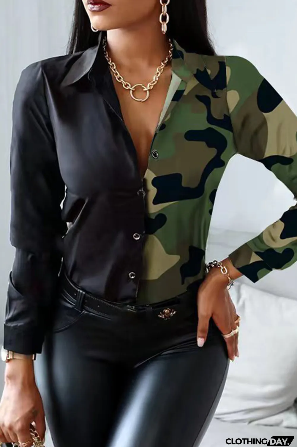 White Fashion Casual Print Patchwork Turndown Collar Tops