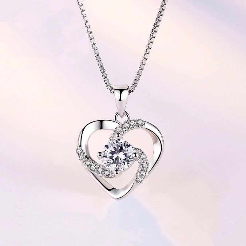 925 Sterling Silver Artificial Gemstones Box Chain Inlay Heart Shape Pendant Necklace