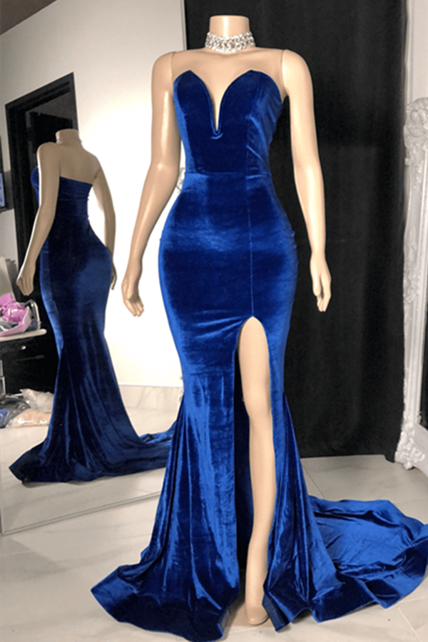 Velvet Strapless Mermaid Prom Dress With Slit | Ballbellas Ballbellas