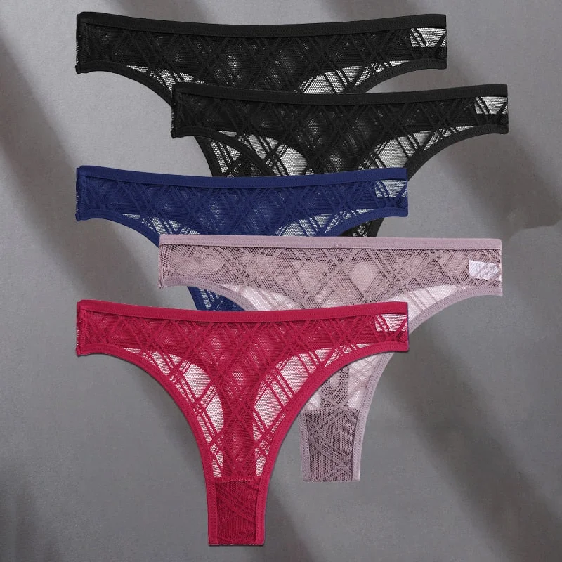 FINETOO 5PCS/Set Lace Sexy Women Thongs Floral Perspective G-string Lingerie Panties Low-Waist Femme Girls Underwear Mesh Pantys