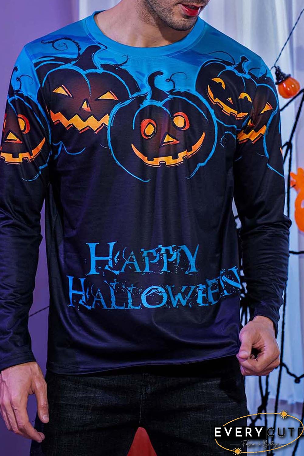 Men's 3D Halloween Pumpkin Print Knit Long Sleeve T-Shirt