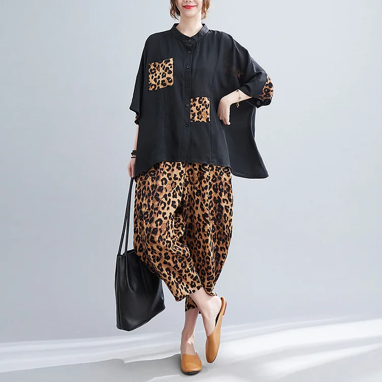 Leopard-Print Top And Loose Wide-Leg Pants Suit