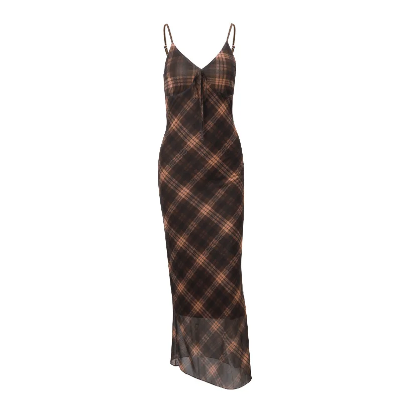 Uveng Uveng Summer New Fashion Retro Plaid Pure Desire Socialite Temperament Slim Condole Belt Dress Female