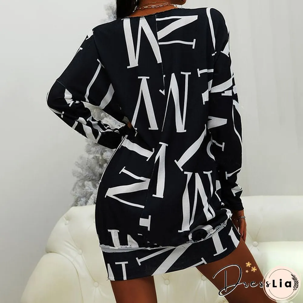 Xs-8Xl Autumn And Winter Dress Plus Size Clothes Women's Casual Long Sleeve T-Shirt Dresses Letter Printed Pullover Sweatshirt Dress Ladies O-Neck Loose Dress Off Shoulder Short Dress Mini Party Dress