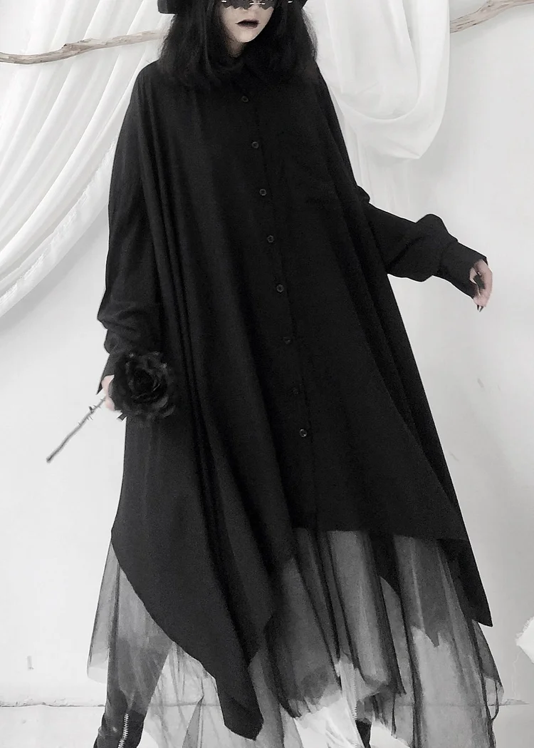 Modern Black Peter Pan Collar Asymmetrical Button Maxi Shirts Long Sleeve