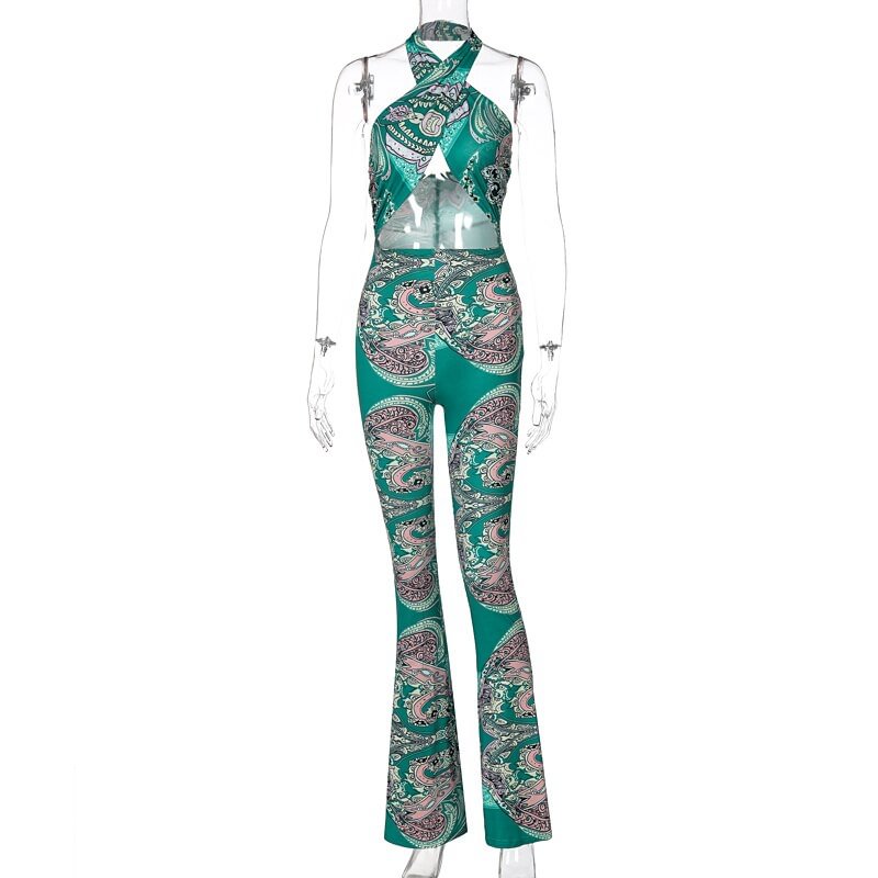 Dulzura Paisley Print Women Halter Jumpsuit Hollow Out Backless Bodycon Sexy Streetwear Party Club 2021 Summer Rompers Sporty