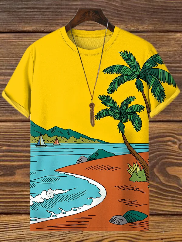 Men's Fun Beach Scenery Art Print Casual T-Shirt