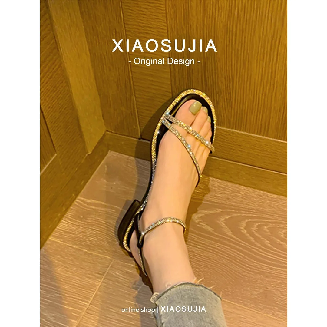 Wongn Wongn New Rhinestone Flat Sandals Female Summer Outside Wear Ins Fairy Wind With Skirt A Word With Thick Heel Roman Shoes