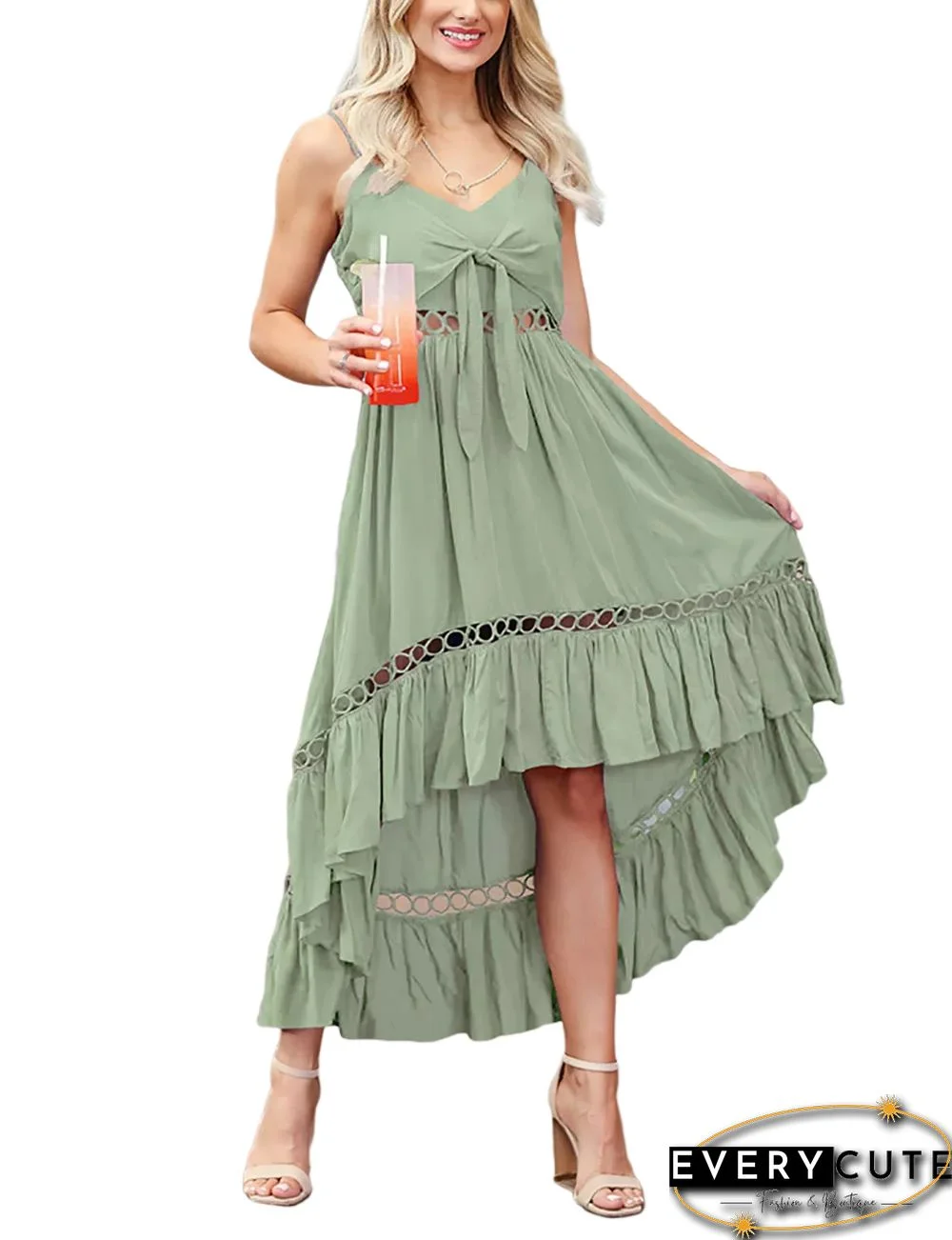 Light Green High Low Spaghetti Strap Midi Dress