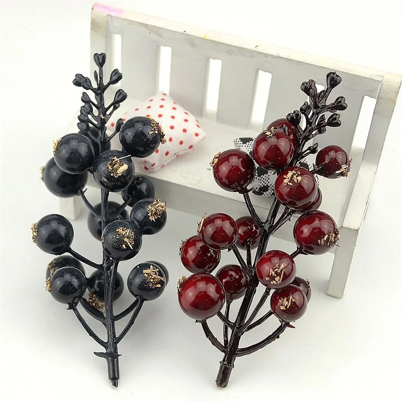 6pcs (90 head) Mini Artificial Cherry Berries Fake Pearl Flower Stamen DIY Wedding Home Bouquet Christmas Tree Decoration Fruit