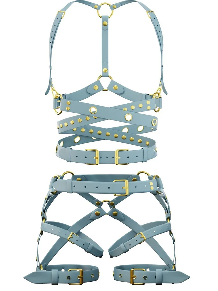 pornhint Pornhint Rock Leather Harness Set, Rave Blue Harness Outfit, Harness Bondage, Leather Bra, Role Play BDSM Clothing Festival, Butt Garters Women leather body harnesses for women