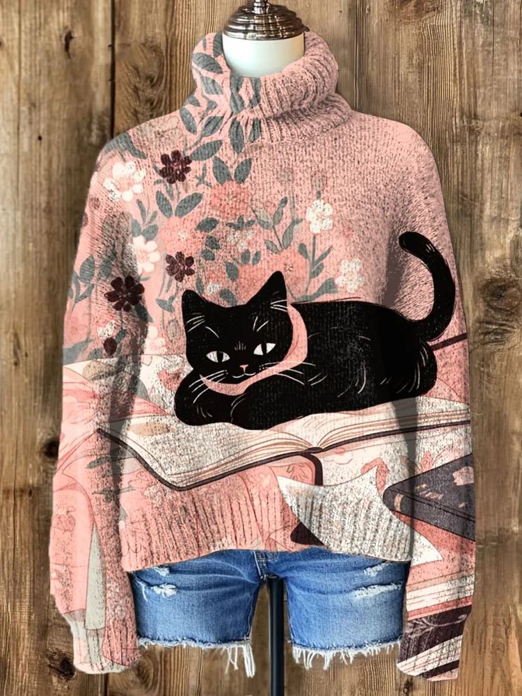 Women's Black Cat Lying On The Book Floral Print High Neck Knit Sweatshirt