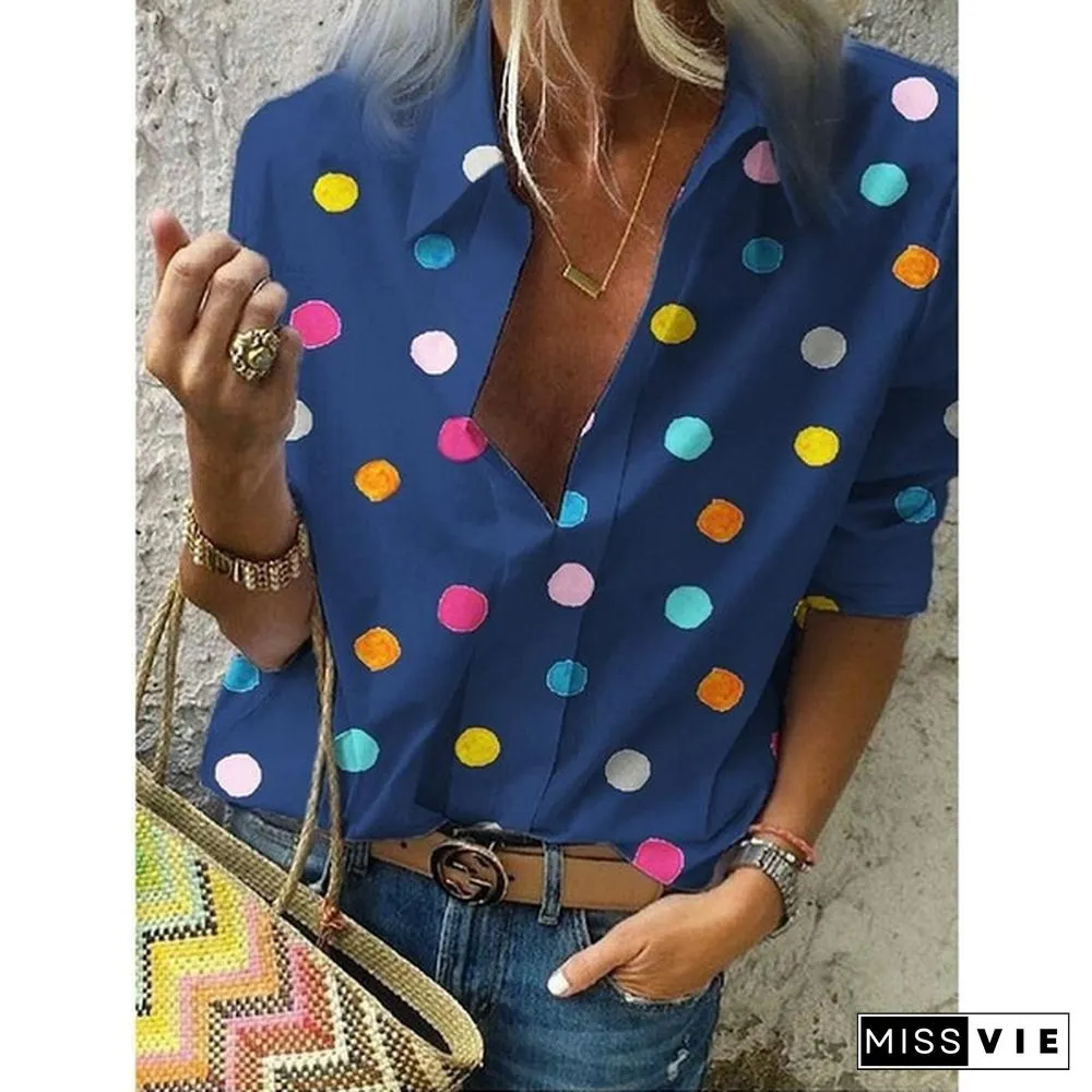Women Long Sleeve Loose Casual Polka Dot Summer Shirts Blouse