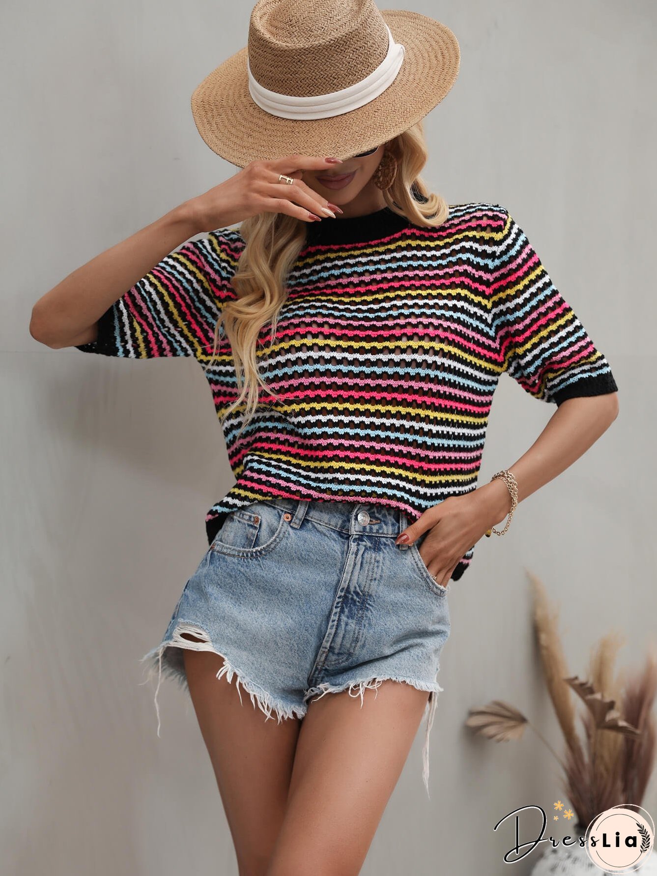 SAYLOR STRIPPED HALF SLEEVE KNIT TOP