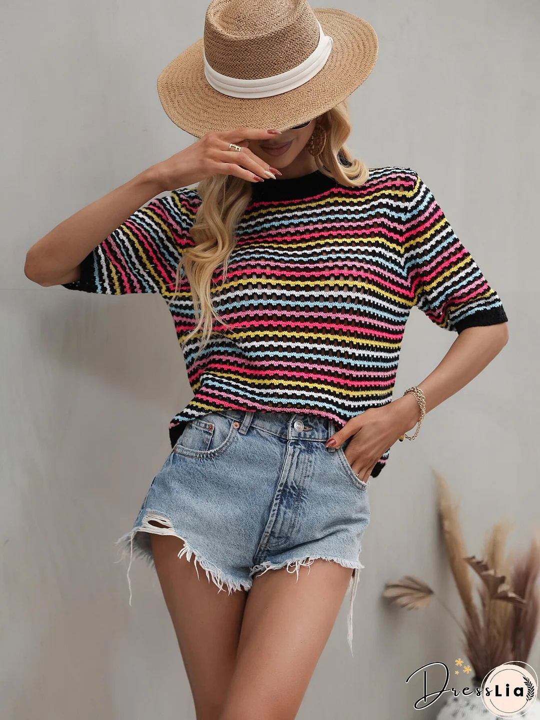 SAYLOR STRIPPED HALF SLEEVE KNIT TOP