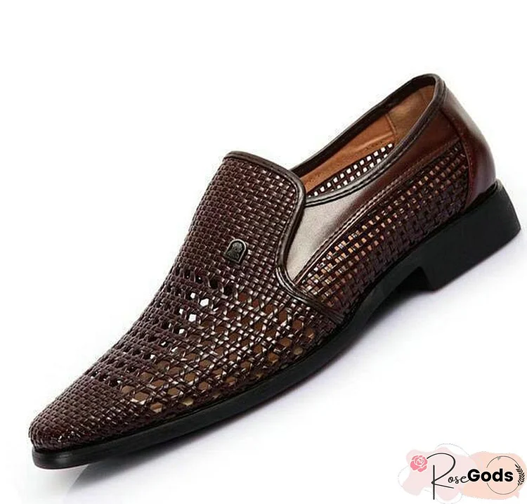 Men Vintage Genuine Leather Soft Bottom Slip-On Hollow Weave Sandals Shoes