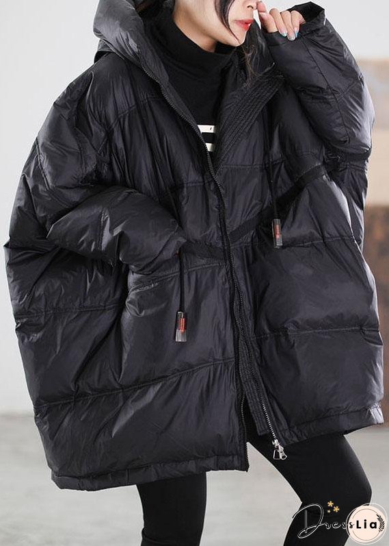 Women Black Hooded drawstring Duck Down Down Jacket Winter