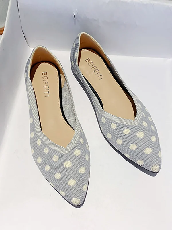 V-Cut Polka-Dot Pointed-Toe Contrast Color Low Heels Flat Shoes