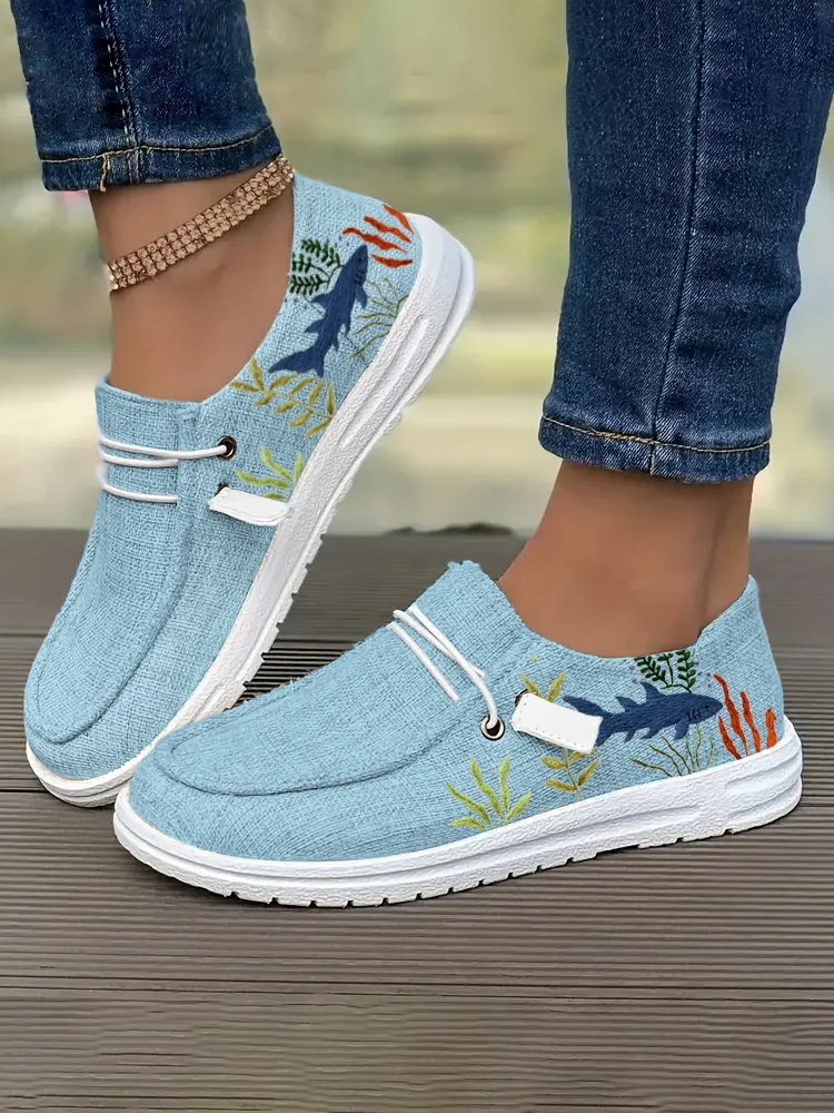 Comstylish Shark Embroidery Linen Low Top Canvas Shoes