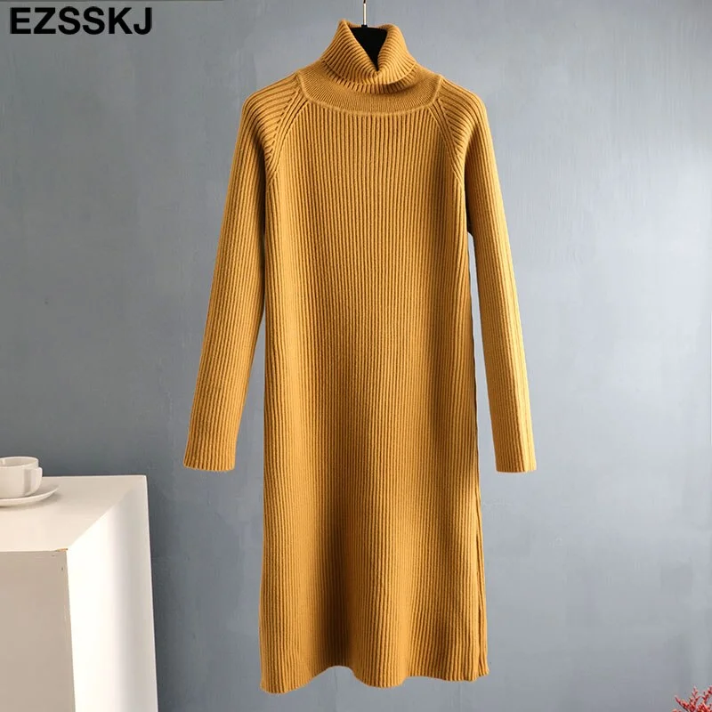 2021 Autumn Winter long thick Sweater Dress Women turtleneck long Sleeve straight maix Dress female girl warm long dress