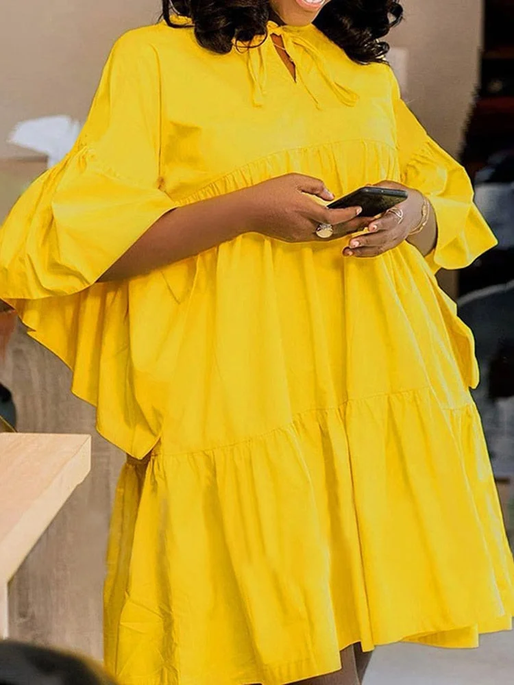 Summer Mini Dress 2022 VONDA Women 3/4 Flare Sleeve Pleated Party Dresses Flare Sleeve Plain Robe Bohemian Casual Beach Sundress