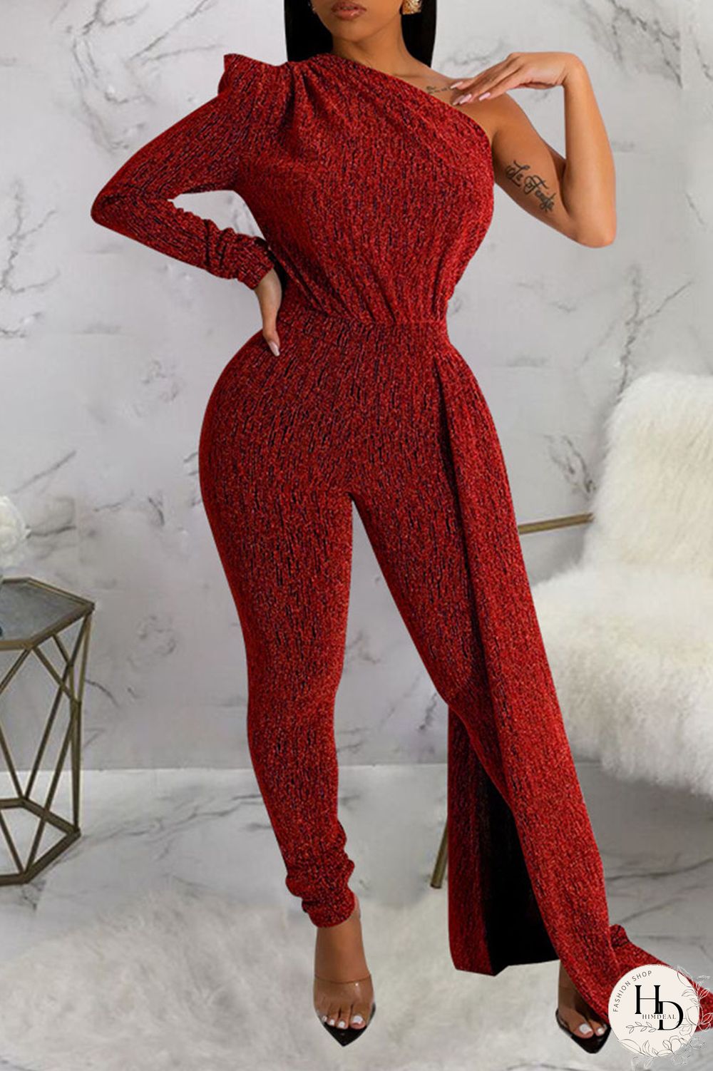 Silver Casual Solid Patchwork Oblique Collar Skinny Jumpsuits