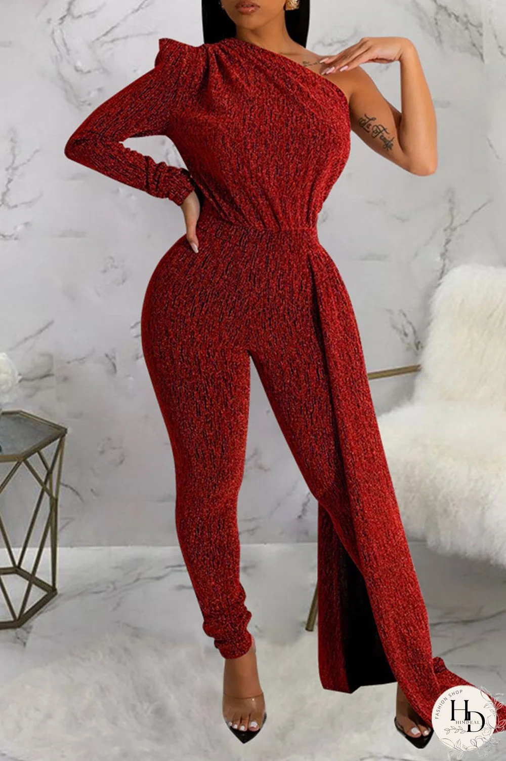 Silver Casual Solid Patchwork Oblique Collar Skinny Jumpsuits