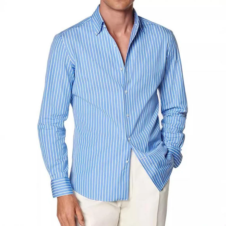Men's Casual Striped Lapel Slim Fit Long Sleeve Shirt