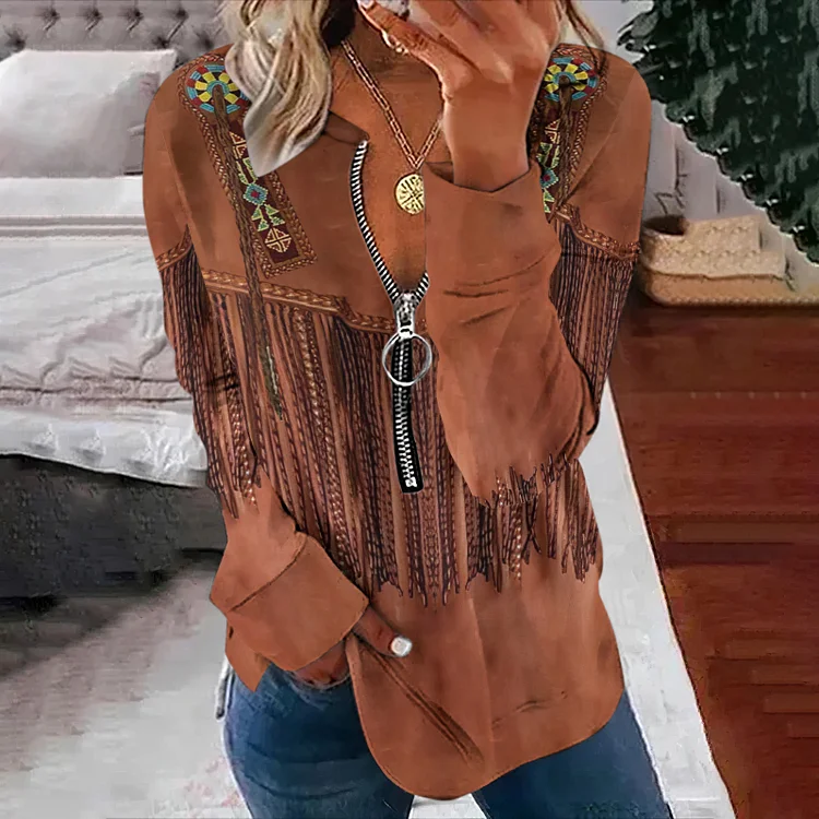 Women's Western Tassels Zipper Casual Sweatshirt