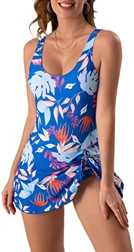 Women's Floral One Piece Swimdress Tummy Control Swimsuit 