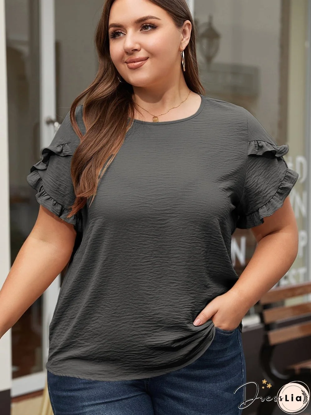 Dark Grey Ruffled Short Sleeve Plus Size Top
