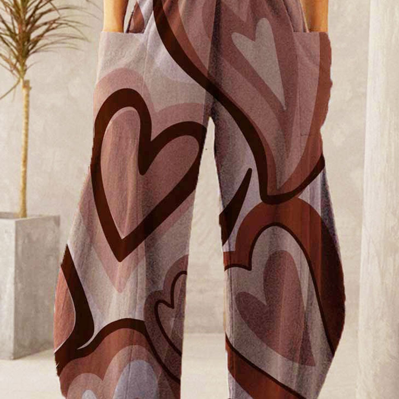 Women's Hippie Pants Valentine's Day Casual Mid Waist Print Straight Wide Fashion Loose Pants