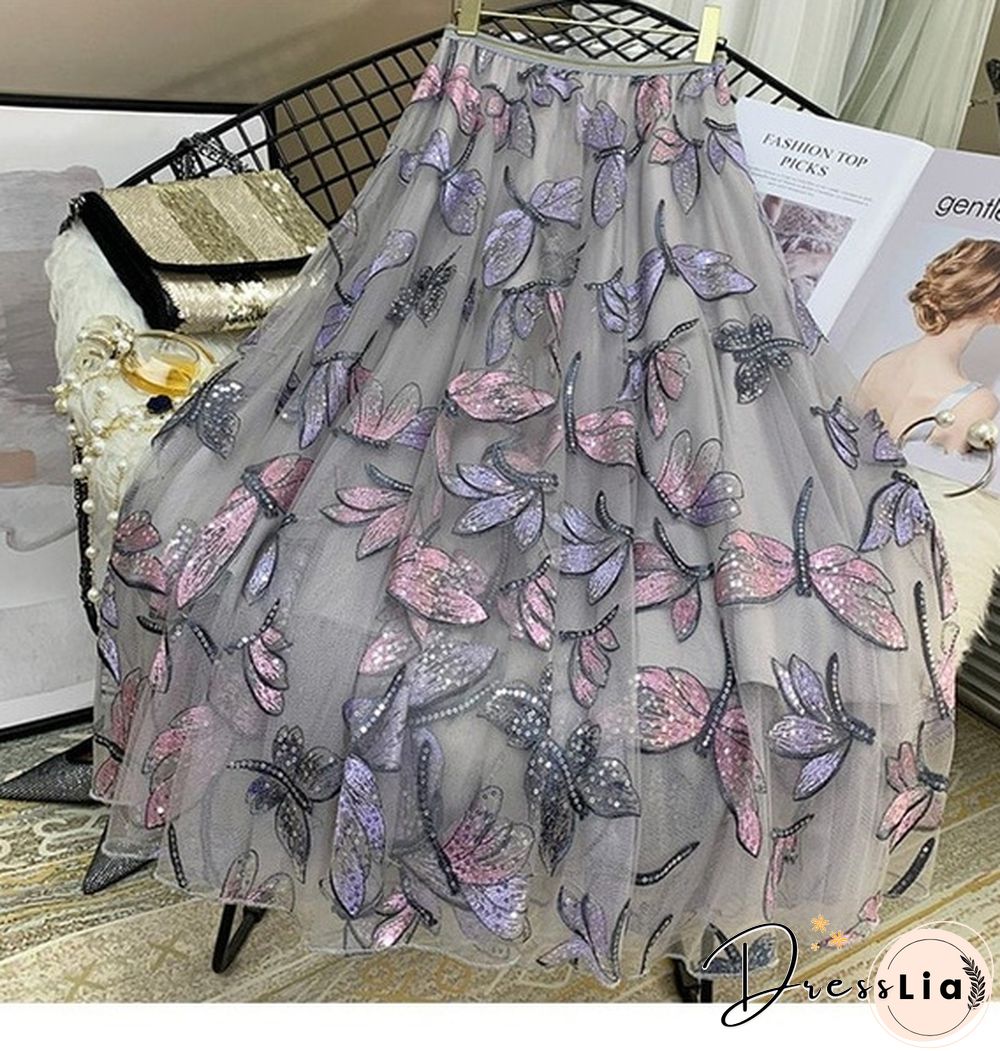 High Quality Sequins Embroidery Dragonfly Two Layer Mesh Pleated Skirt Women Summer High Waist Long Skirts Womens Elegant