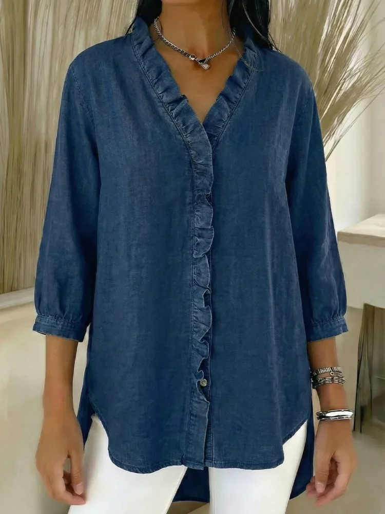 Women's Casual Denim V-Neck Ruffled Shirt socialshop