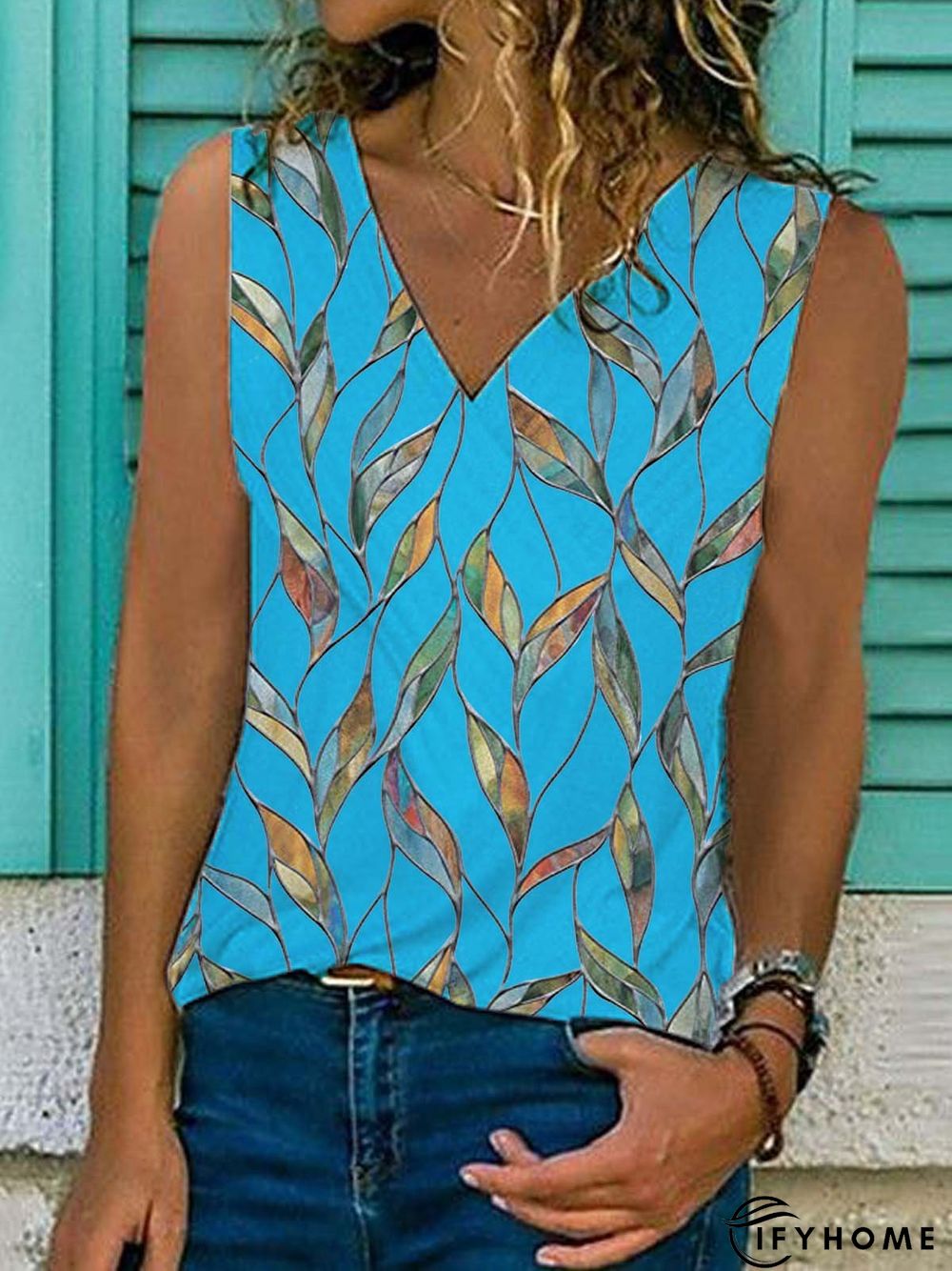 Leaves Sleeveless  Printed  Cotton-blend  V neck Holiday Summer Blue Top | IFYHOME