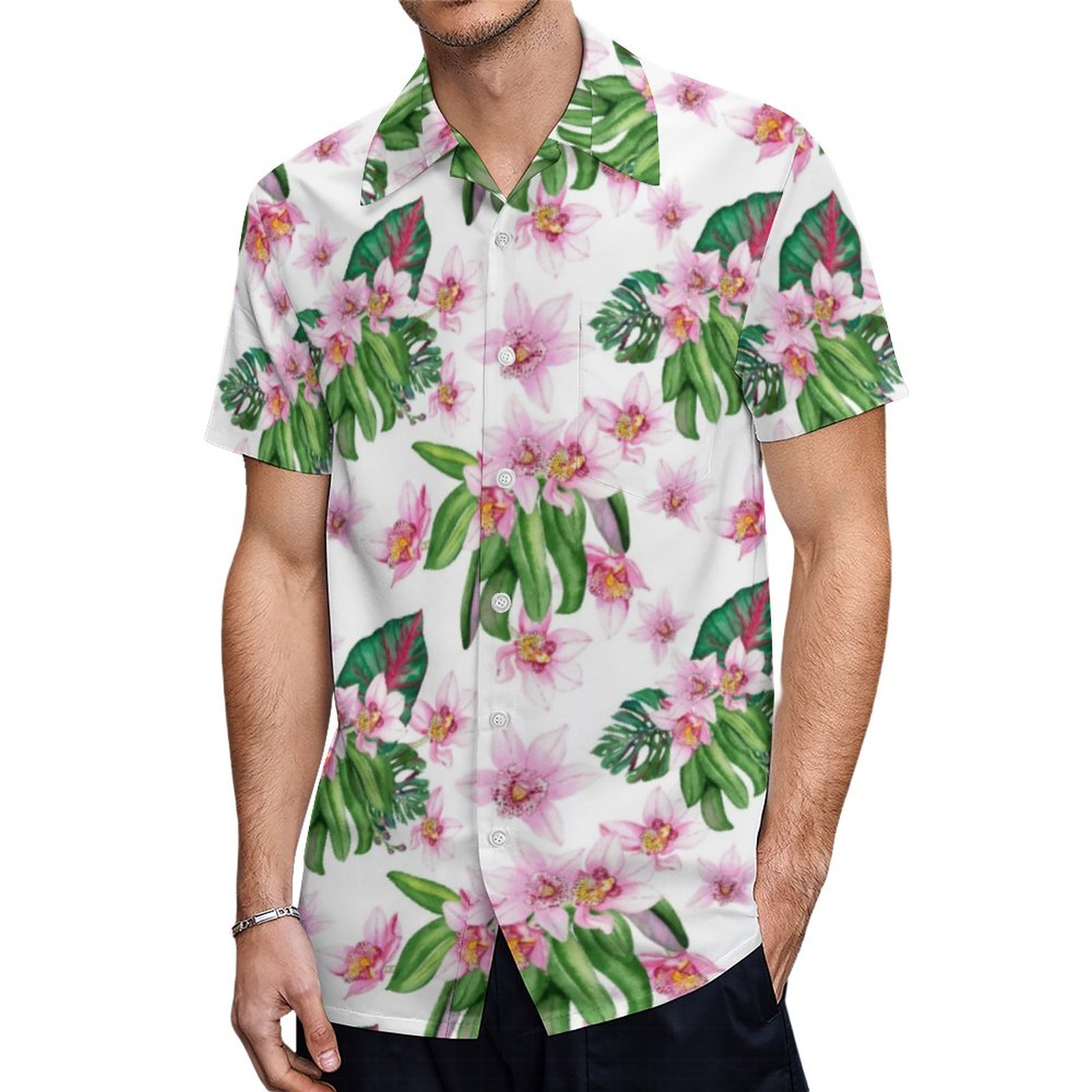 Tropical Orchid Pattern Green Pink White Custom Hawaiian Shirt Mens Button Down Tropical Hawaii Beach Shirts